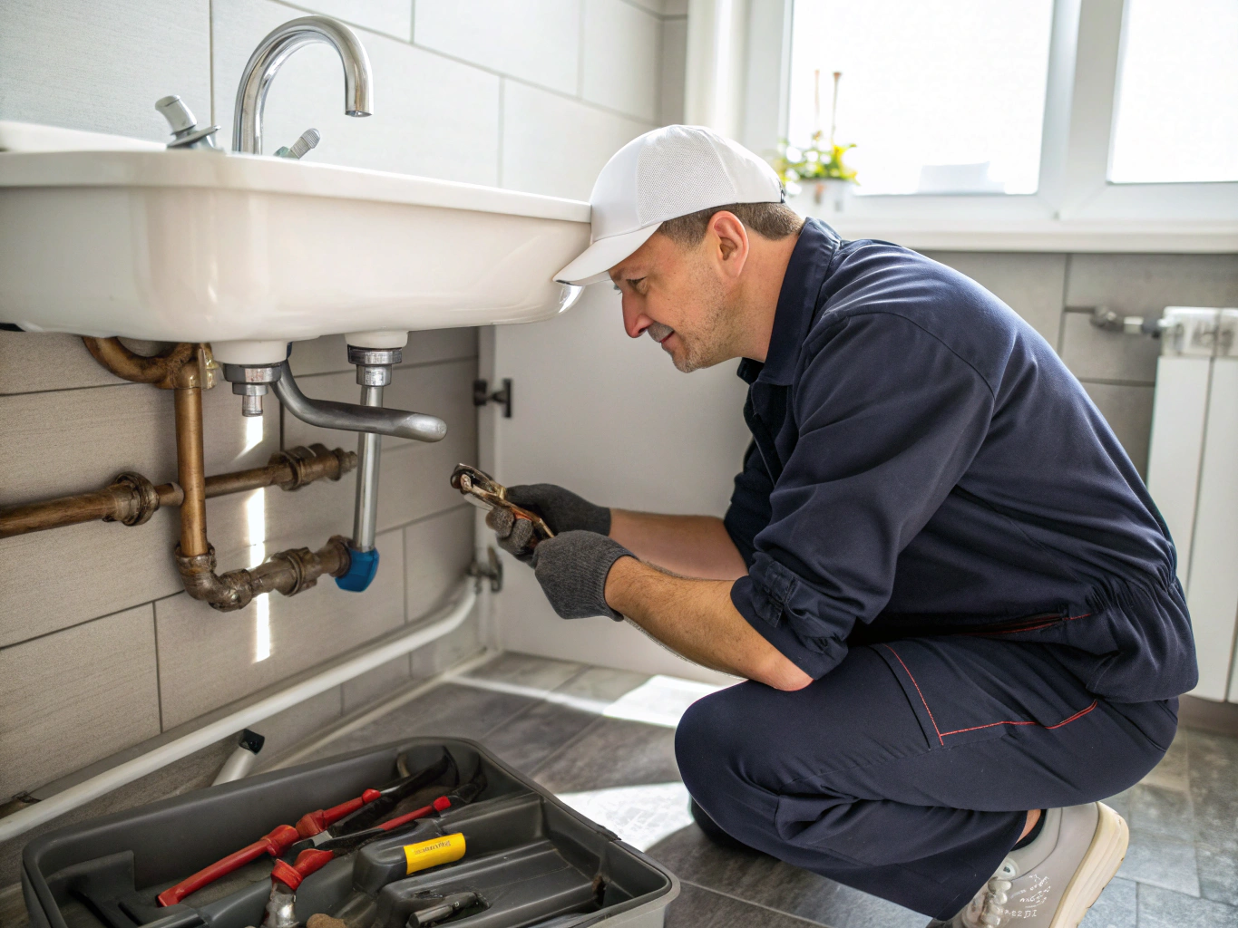 Plomero profesional trabajando en tubería residencial bajo fregadero con llave ajustable